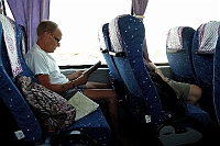 Janne B on the bus to Bukhara.